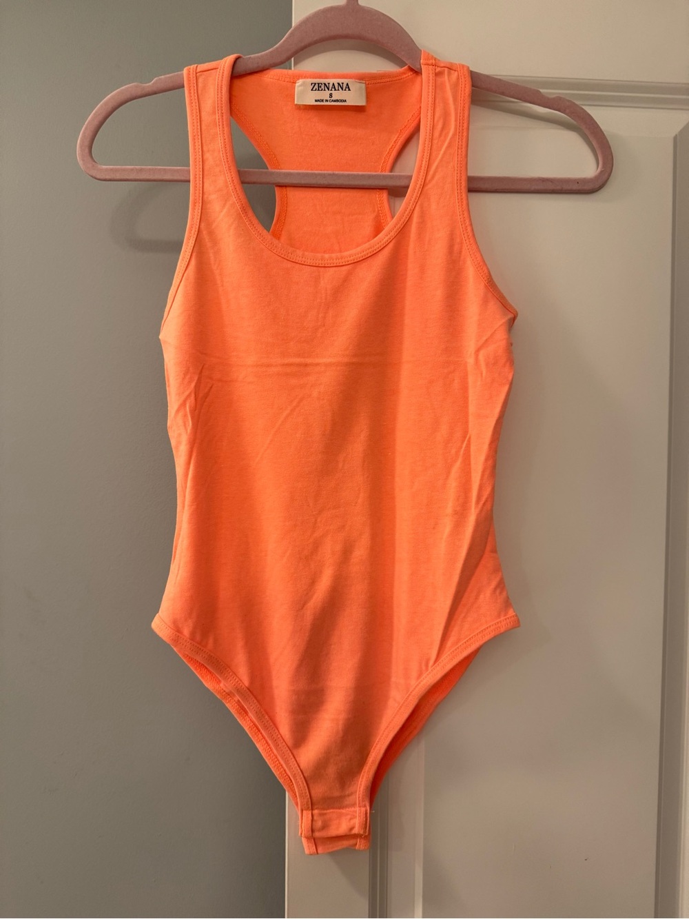 Zenana New Small Scoop Neck Racerback Bodysuit in Bright Neon Coral